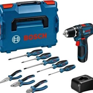 Bosch Bleu Accutoolkit Combipack GSR 12V-15 + Outils à main (8x) | 2x GBA 12V 2,0Ah + GAL 12V-20 – 060186810R